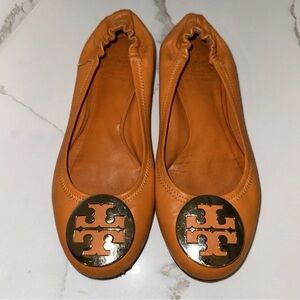 Tory Burch Womens Size 5  Reva Leather Ballet Flats Orange Gold T Logo Buckle